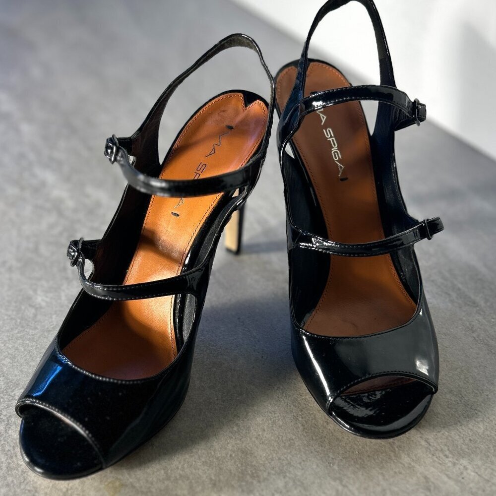 Via Spiga SZ8.5 Rosanne Black Patent Leather Mary Jane Heels Dressy Office Old $ - Picture 4 of 11